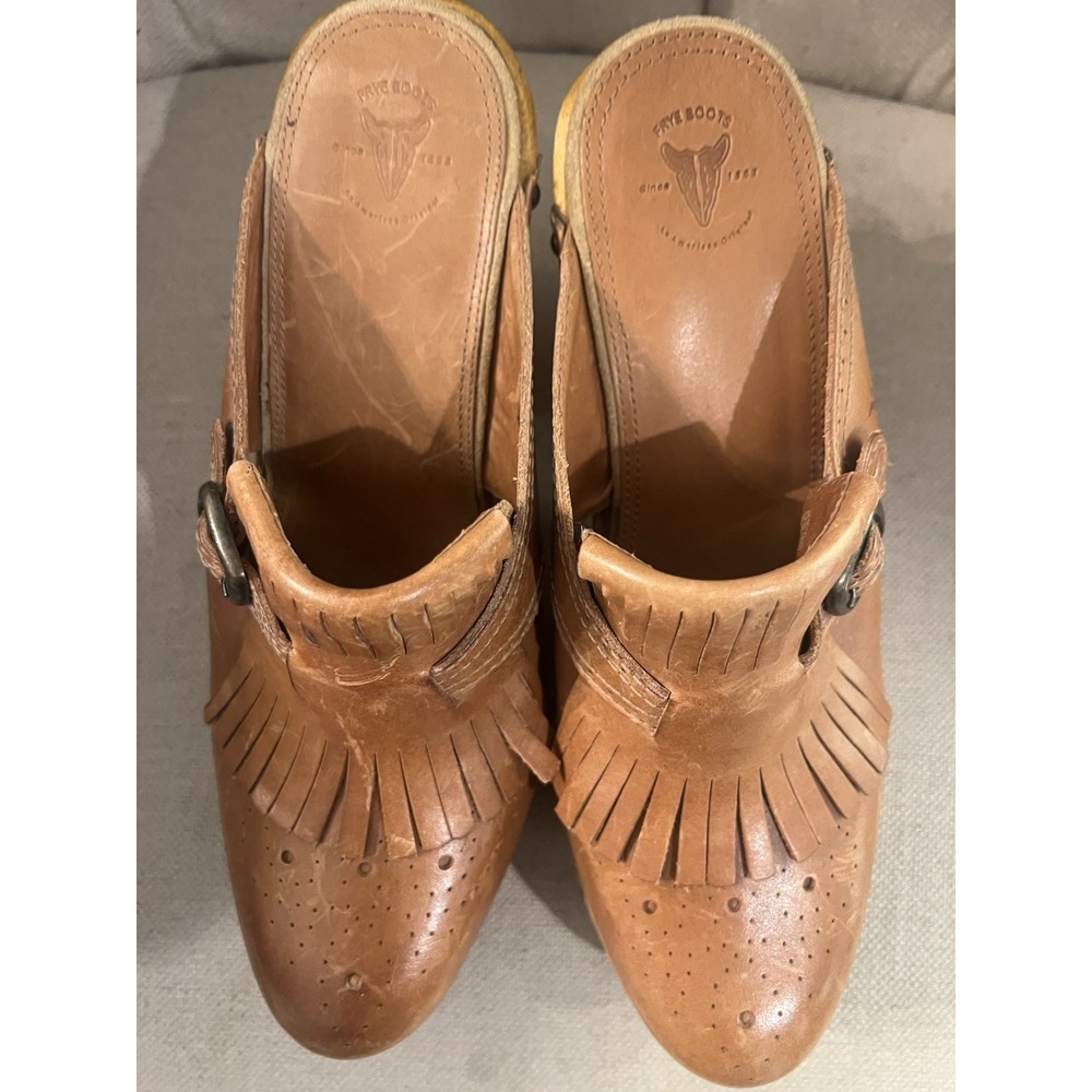 Frye Elle Kiltie Fringe Brown Leather Clogs Wood 10 Medium Thick Heel‎ BoHo - Picture 6 of 12